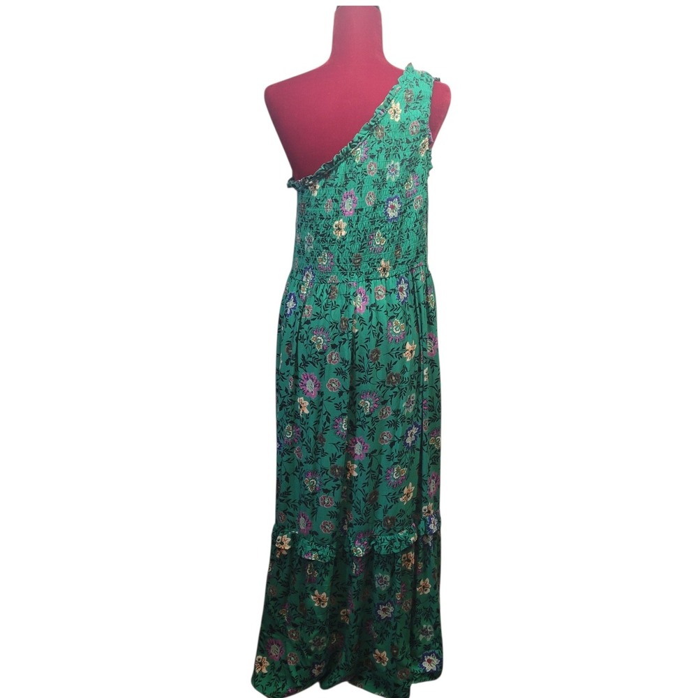 Knox Rose Green Floral One Shoulder Smocked Maxi Dress Boho Tiered Pocket. Sz lg - Picture 3 of 8